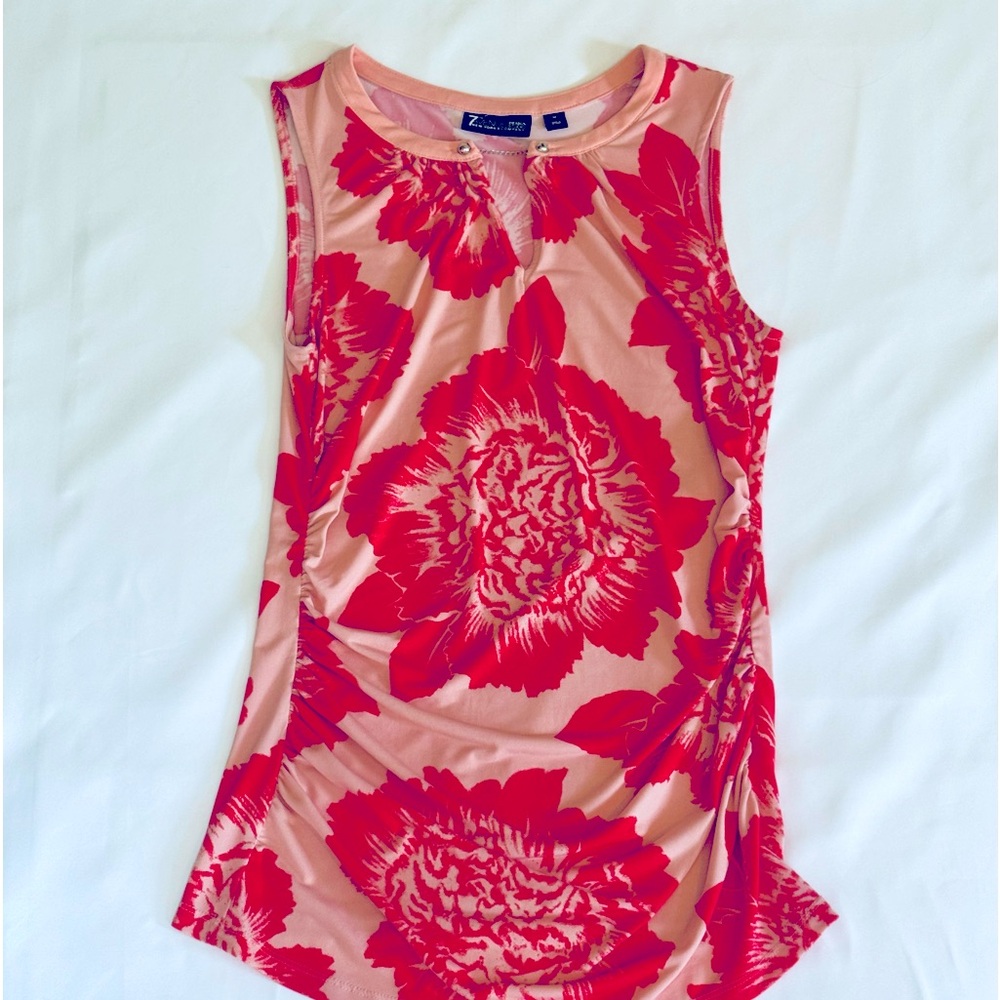 New York & Company Ruched Keyhole Pink & Red Floral Sleeveless shirt